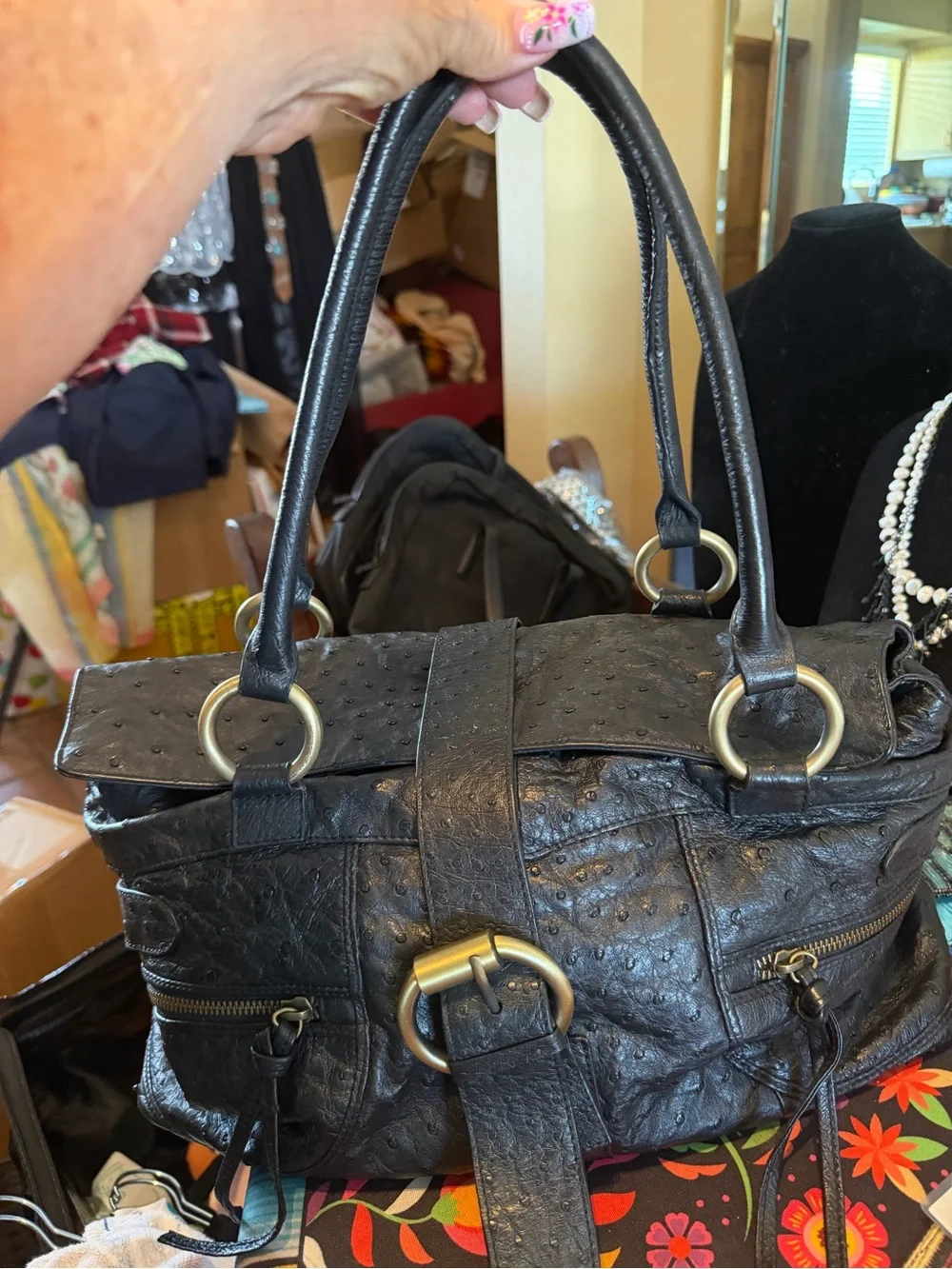 Gorgeous Vintage Black Leather Ostrich Large Bag